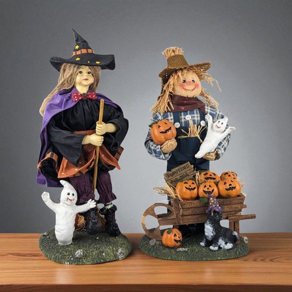 Vintage 13" Halloween Figures, Fabric Witch and Scarecrow