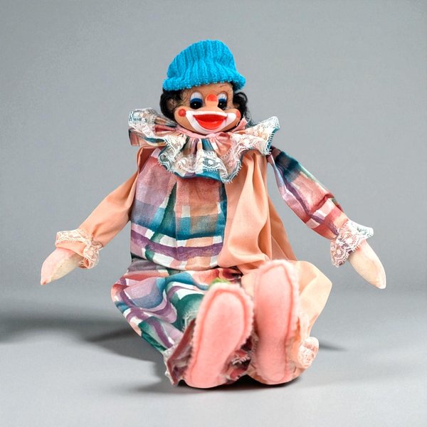 Vintage Handmade Wood Block Clown Doll