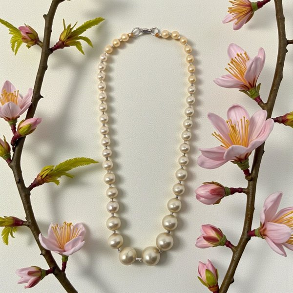 A graduated strand of cream-colored faux pearls with a lustrous, iridescent finish. The necklace features a silver-toned clasp and is displayed vertically, framed by two delicate branches with pink cherry blossoms and green budding leaves.