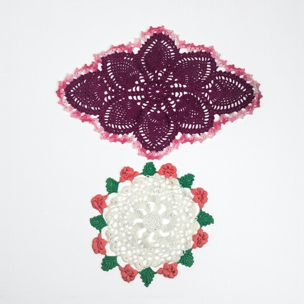 Vintage Handmade Burgundy and Rose White Crochet Doily Set