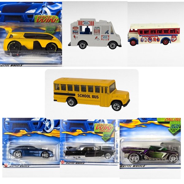 A collage of seven toy vehicles. The assortment includes four Hot Wheels cars in original blue "Race & Win" blister packaging, a yellow die-cast school bus, a white Good Humor ice cream truck, and a cream-colored circus-themed bus with red trim and animal graphics.