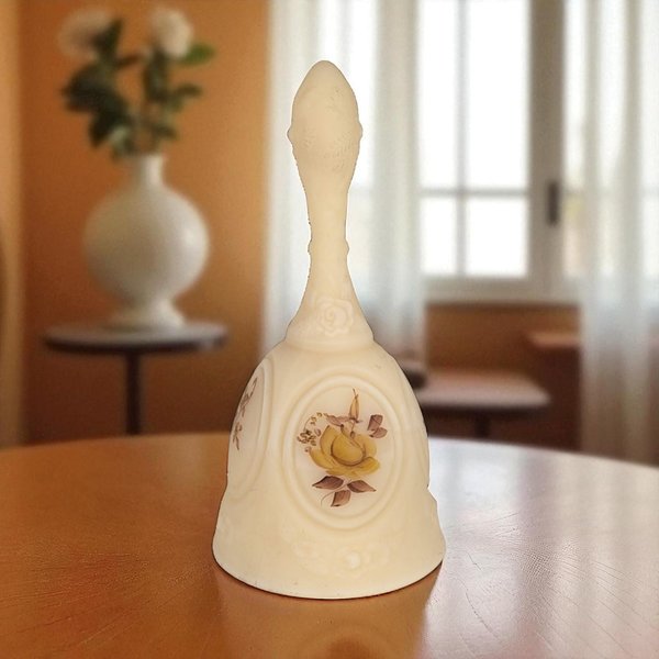 Vintage Fenton Chocolate Rose on Cameo Satin Glass Medallion Bell