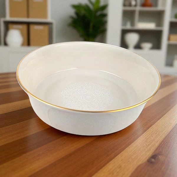 A shallow porcelain bowl in a warm cream tone featuring a delicate white lace-like floral pattern. The bowl is accented with a gleaming gold rim and has a soft, lustrous finish. It features a wide, circular silhouette measuring 9 inches across with gently sloping sides and a smooth, refined texture.