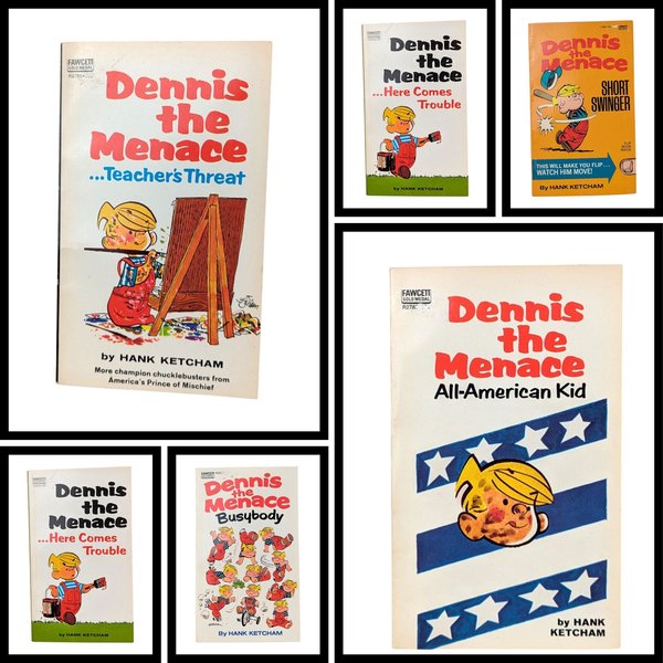 A collection of five vintage Dennis the Menace paperback books. The covers feature mid-century cartoon illustrations of Dennis in his signature red overalls. Colors include vibrant red, blue, and yellow on cream-colored paper backgrounds.