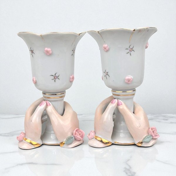 Vintage Ceramic Hands Holding Candle Holder Pair