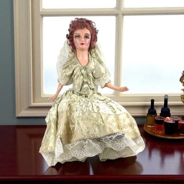 1920s Antique Boudoir Bed Doll Cream Lace Dress