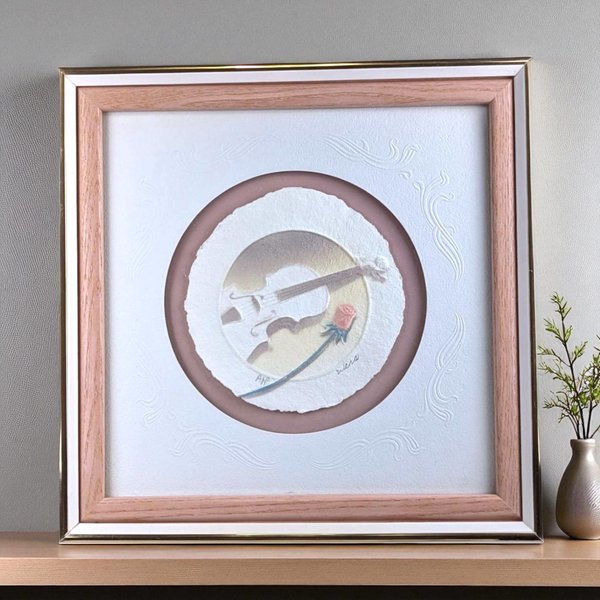 Vintage Wess 'Violin with Rose' Airbrushed Paper Art