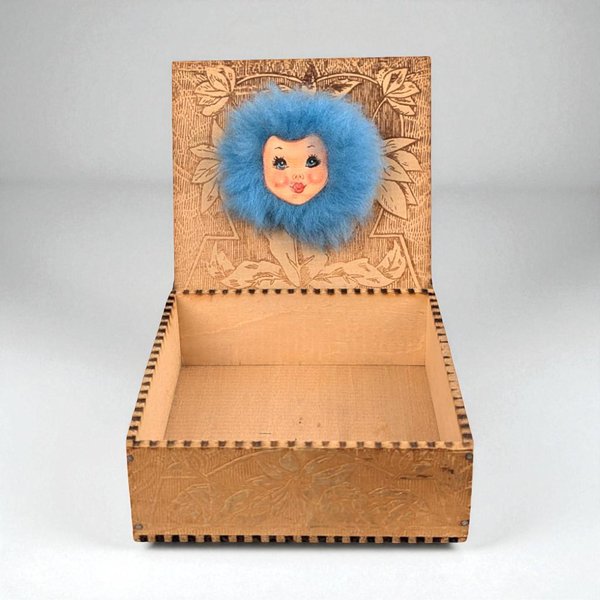 Vintage Pyrography Wood Box with Furry Face