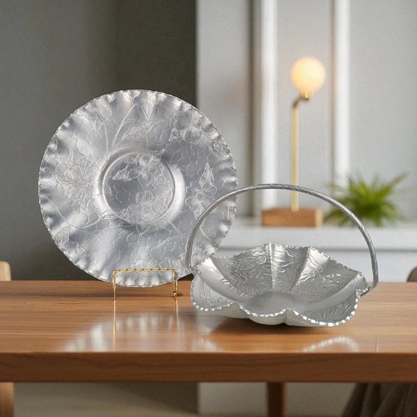 Vintage Hammered Aluminum Floral Basket and Plate