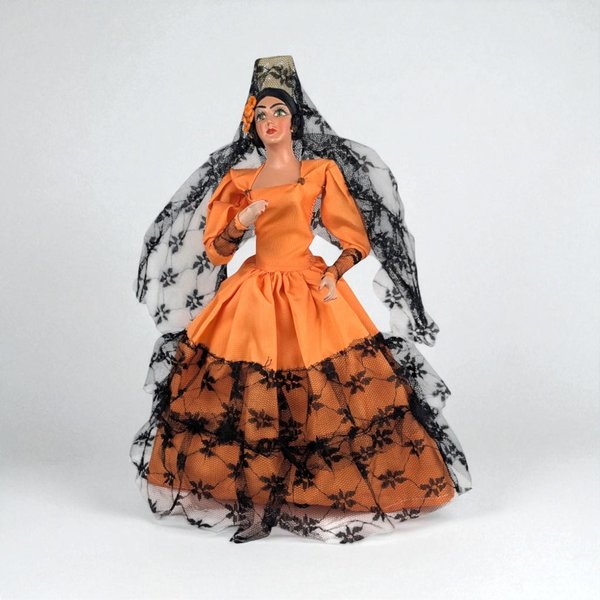 1960s Spanish Souvenir Doll Orange Lace Dress