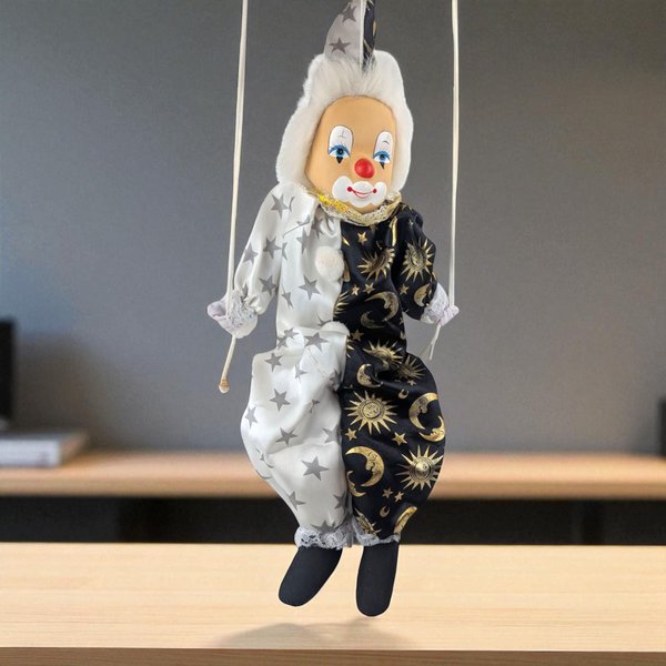 Vintage Black and White Moon and Stars Porcelain Swinging Clown Doll