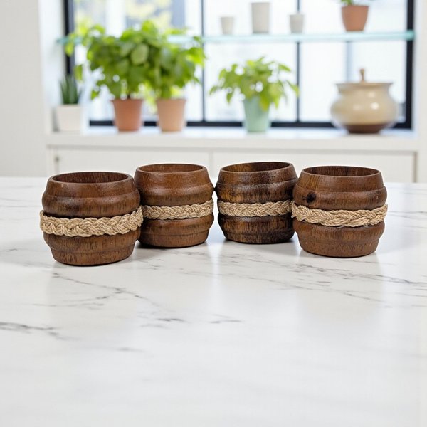 Set of 4 Vintage Handcrafted Wooden Napkin Rings (Philippines)