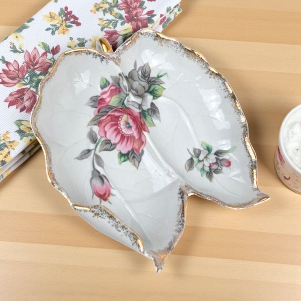 Vintage Ucagco Leaf-Shaped Floral Dresser Tray