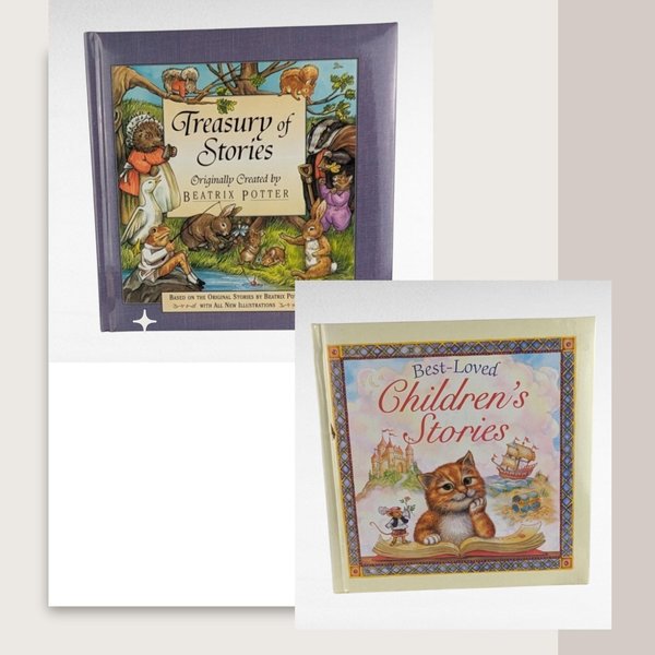 Two square hardcover children's storybooks are overlapping on a neutral background. The top book has a purple frame and a detailed illustration of forest animals near a pond. The bottom book features a cream-colored cover with an illustration of a ginger cat reading a book amidst a whimsical landscape.