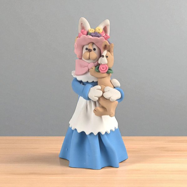 Handmade polymer clay bunny figurine wearing a blue dress, white scalloped apron, and a pink floral bonnet. The bunny is holding a smaller tan rabbit with a pink rose. It features a matte, dough-like texture and a whimsical folk-art silhouette.