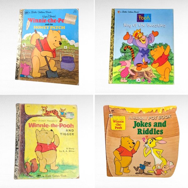 A collection of four vintage children's books featuring Winnie the Pooh. Three are Little Golden Books with iconic gold foil spines and textured hardcovers. One is a softcover Hunny Pot book with a vibrant yellow matte finish.