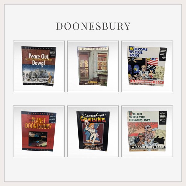 Six vintage Doonesbury paperback books by G.B. Trudeau. Covers feature colorful comic illustrations, glossy and matte paper textures, and bold typography. Silhouettes are uniform rectangular softcovers with varying spine widths and edge wear.