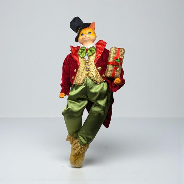 Vintage Anthropomorphic Cat Shelf Sitter - Dapper Holiday Feline