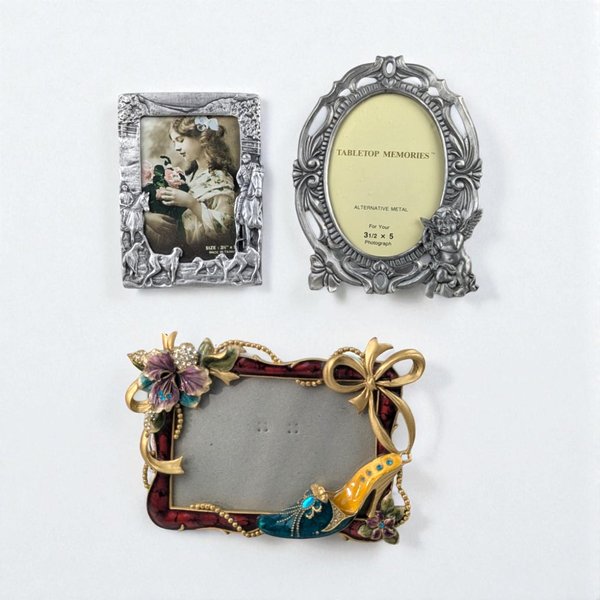 Trio of Assorted Decorative Metal and Enamel Photo Frames