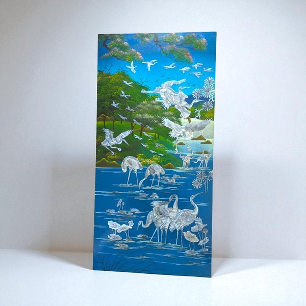 Vintage Asian Mother of Pearl Inlay Crane Panel