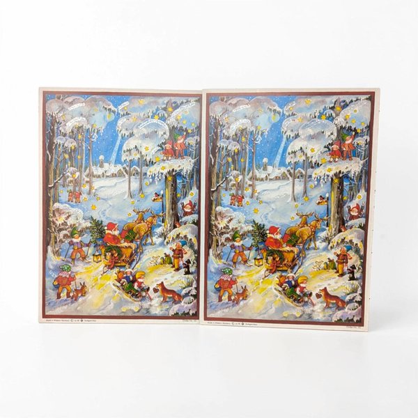 A pair of traditional paper advent calendars with intricate holiday scenes. The lithography features vibrant festive colors and fine glitter accents. Each calendar has a rectangular silhouette with clean edges and twenty-four small, numbered perforated doors.