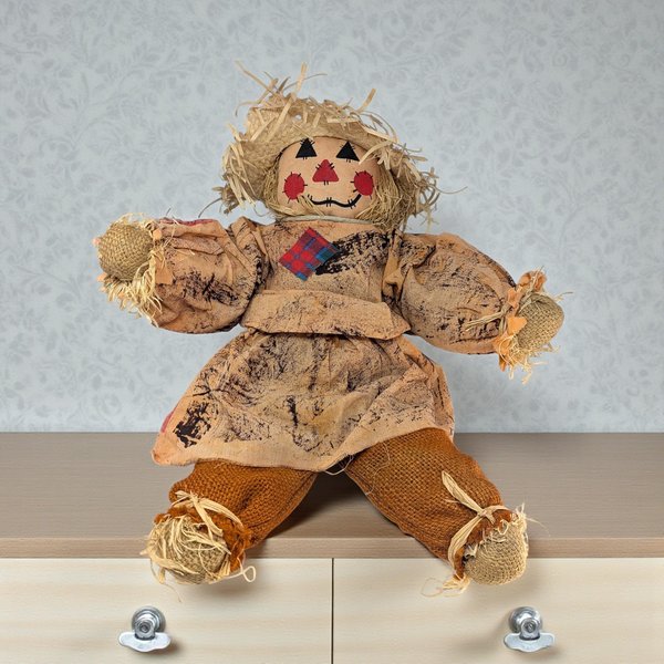 A tall, handmade scarecrow figure wearing a plaid flannel shirt, denim overalls, and a pointed burlap hat. The face is crafted from fabric with hand-drawn features, and straw-like raffia tufts peek out from the sleeves and hat.