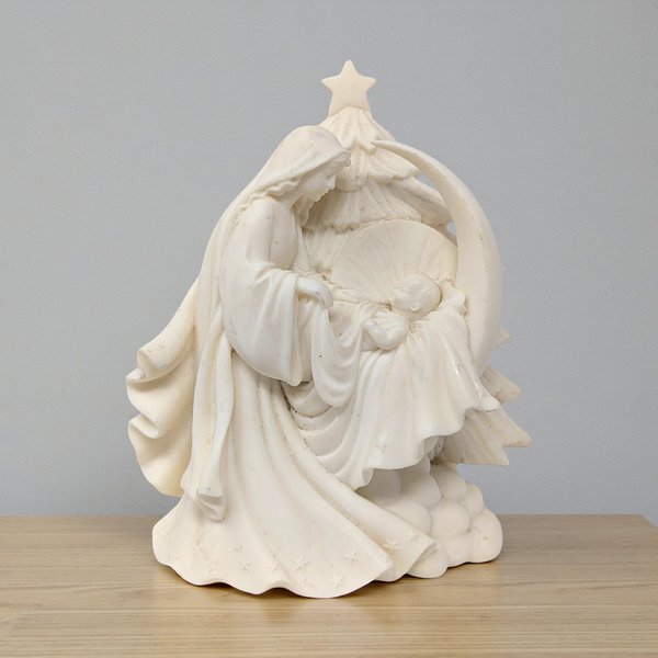 A cream-colored resin figurine of the Holy Family. Mary and Joseph are depicted in a tender, protective pose over the infant Jesus, framed by a smooth, contemporary stylized arch with a clean matte finish.